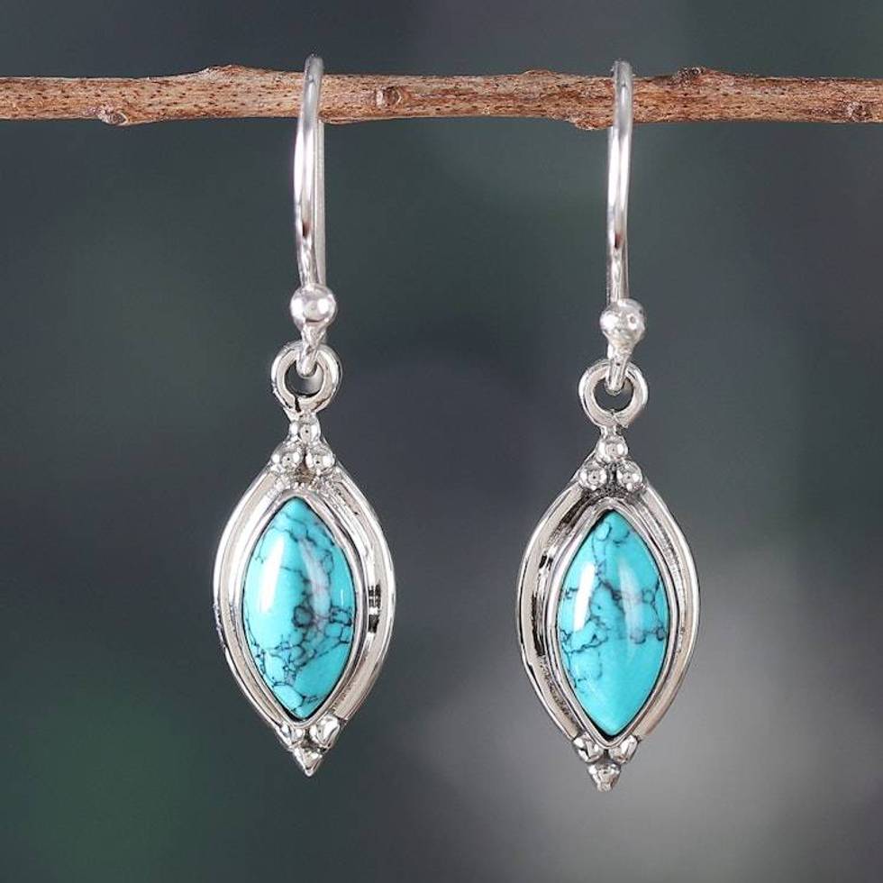 Sterling Silver Dangle Earrings with Calcite Stone Cabochons 'Heavenly Flare'