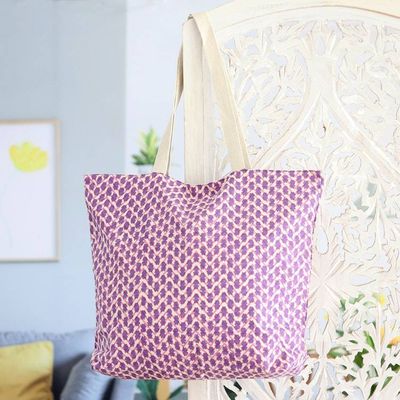 Primary image for Cotton Tote Bag with Block-Printed Modern Design in Purple Purple Ties
