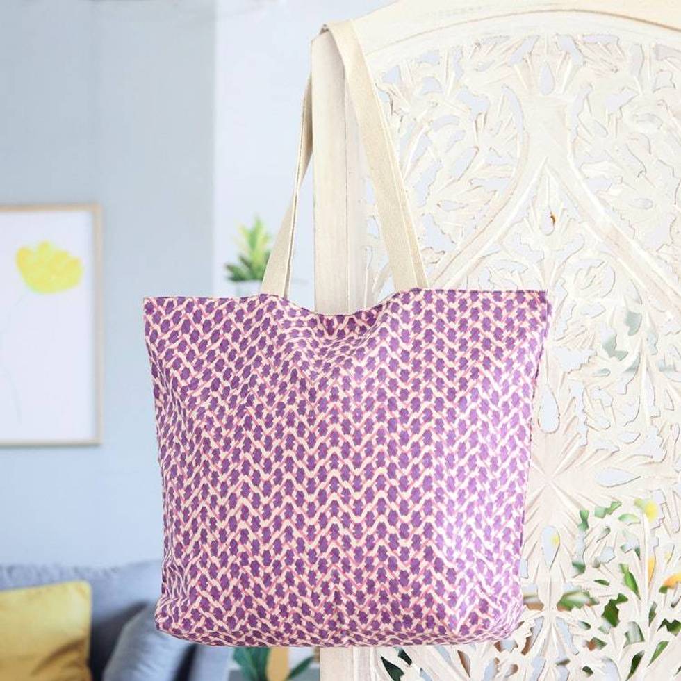Cotton Tote Bag with Block-Printed Modern Design in Purple 'Purple Ties'