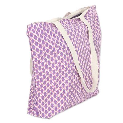 Alternate image for Cotton Tote Bag with Block-Printed Modern Design in Purple Purple Ties