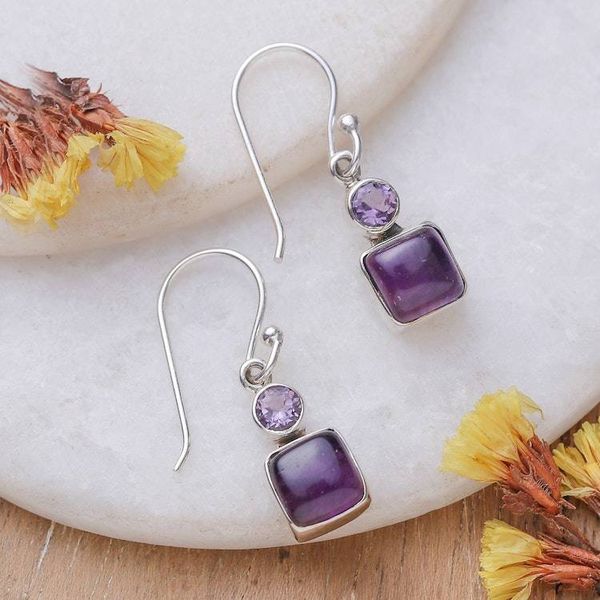Alternate image for Geometric-Themed Birthstone Amethyst Stone Dangle Earrings Wise Fusion