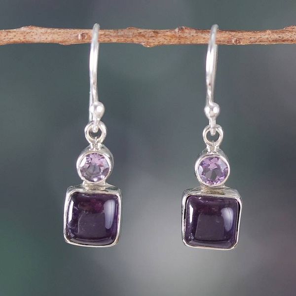 Alternate image for Geometric-Themed Birthstone Amethyst Stone Dangle Earrings Wise Fusion