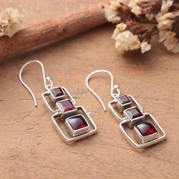 Alternate image for Polished Geometric Natural Garnet Dangle Earrings from India Squares of Passion