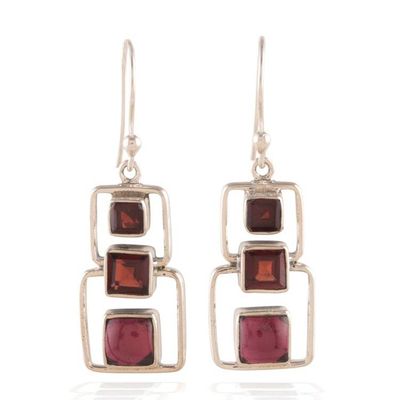 Alternate image for Polished Geometric Natural Garnet Dangle Earrings from India Squares of Passion
