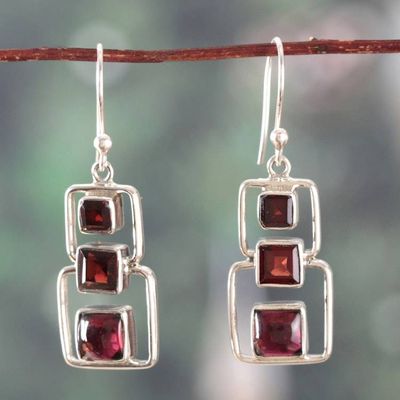 Alternate image for Polished Geometric Natural Garnet Dangle Earrings from India Squares of Passion