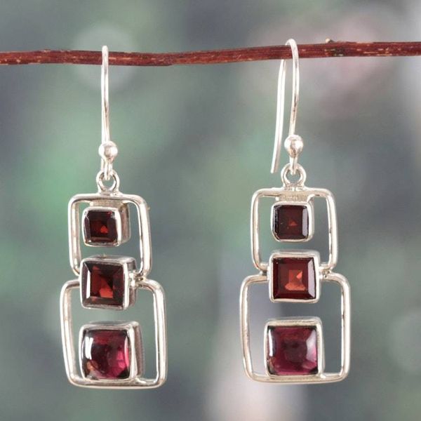Alternate image for Polished Geometric Natural Garnet Dangle Earrings from India Squares of Passion