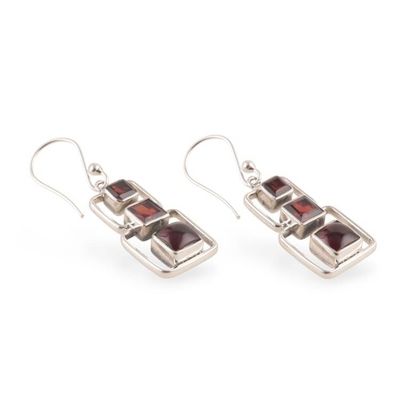 Alternate image for Polished Geometric Natural Garnet Dangle Earrings from India Squares of Passion