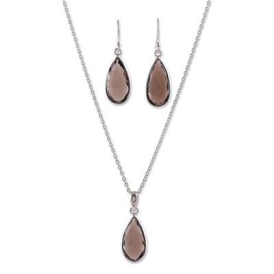 Alternate image for Smoky Quartz 925 Silver Necklace and Earrings Jewelry Set Evening Chic