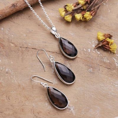 Alternate image for Smoky Quartz 925 Silver Necklace and Earrings Jewelry Set Evening Chic