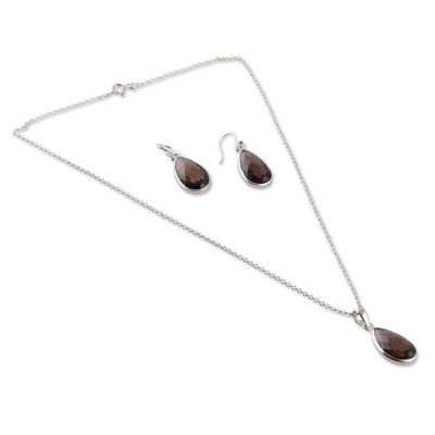Alternate image for Smoky Quartz 925 Silver Necklace and Earrings Jewelry Set Evening Chic
