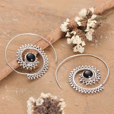Alternate image for Folk Art-Themed Sterling Silver and Onyx Half-Hoop Earrings Spiral of Puissance