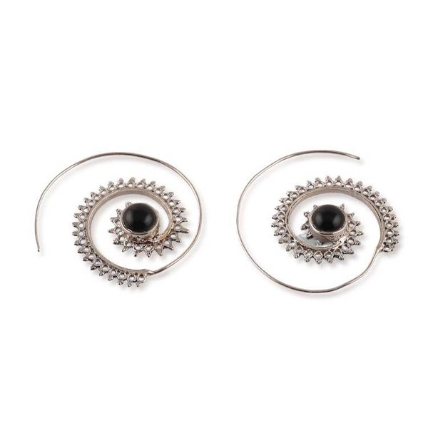 Alternate image for Folk Art-Themed Sterling Silver and Onyx Half-Hoop Earrings Spiral of Puissance