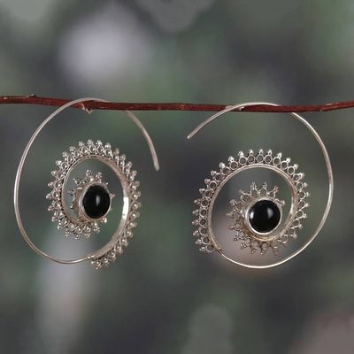 Alternate image for Folk Art-Themed Sterling Silver and Onyx Half-Hoop Earrings Spiral of Puissance