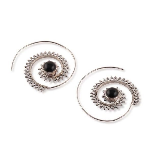 Alternate image for Folk Art-Themed Sterling Silver and Onyx Half-Hoop Earrings Spiral of Puissance