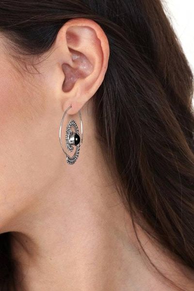 Alternate image for Folk Art-Themed Sterling Silver and Onyx Half-Hoop Earrings Spiral of Puissance
