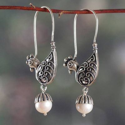 Alternate image for Peacock-Shaped Cultured Pearl and Silver Dangle Earrings White Peacock Whispers