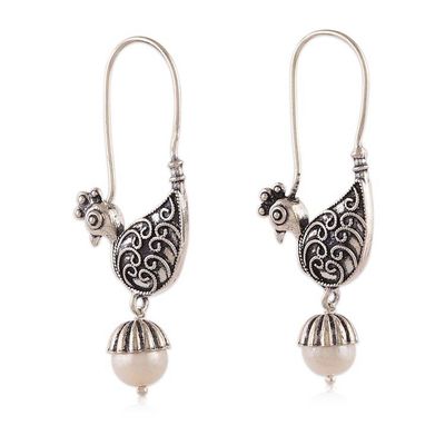 Alternate image for Peacock-Shaped Cultured Pearl and Silver Dangle Earrings White Peacock Whispers