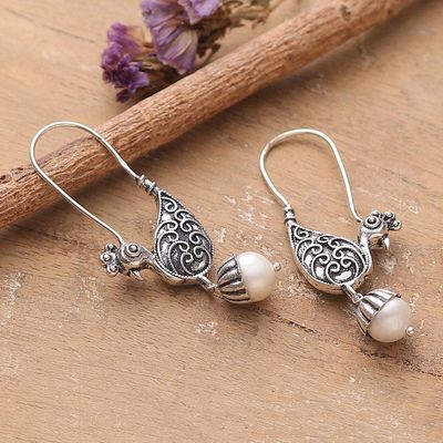 Alternate image for Peacock-Shaped Cultured Pearl and Silver Dangle Earrings White Peacock Whispers