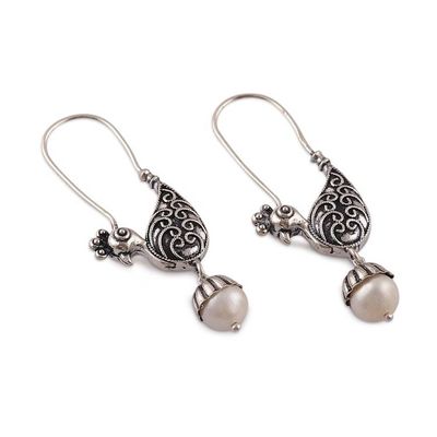 Alternate image for Peacock-Shaped Cultured Pearl and Silver Dangle Earrings White Peacock Whispers