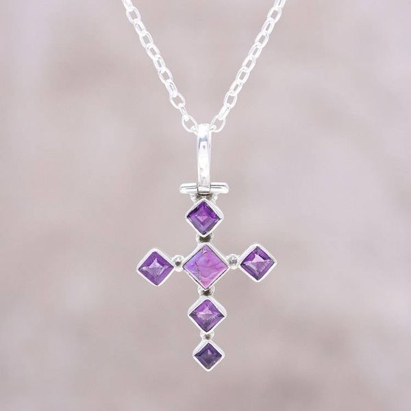 Alternate image for Amethyst and Composite Turquoise Cross Pendant Necklace Violet Cross