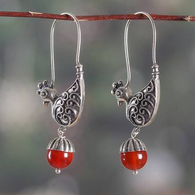 Alternate image for Peacock-Themed Silver Dangle Earrings with Carnelian Stones Peacock Whispers