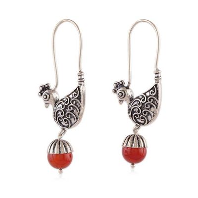 Alternate image for Peacock-Themed Silver Dangle Earrings with Carnelian Stones Peacock Whispers