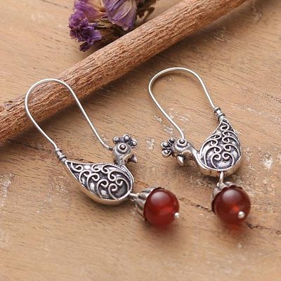Alternate image for Peacock-Themed Silver Dangle Earrings with Carnelian Stones Peacock Whispers