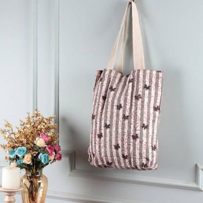 Primary image for Leafy-Pattern Striped Alabaster and Red 100 Cotton Tote Bag Apple Alabaster