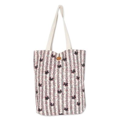 Alternate image for Leafy-Pattern Striped Alabaster and Red 100 Cotton Tote Bag Apple Alabaster