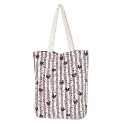 Alternate image for Leafy-Pattern Striped Alabaster and Red 100 Cotton Tote Bag Apple Alabaster