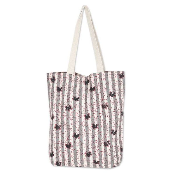 Alternate image for Leafy-Pattern Striped Alabaster and Red 100 Cotton Tote Bag Apple  Alabaster