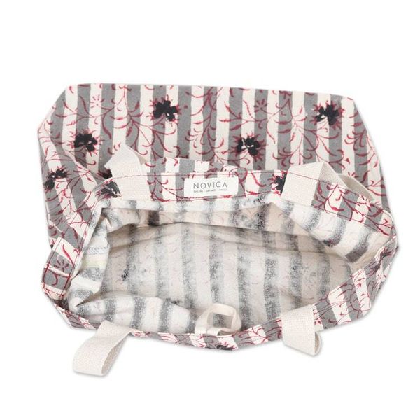 Alternate image for Leafy-Pattern Striped Alabaster and Red 100 Cotton Tote Bag Apple  Alabaster