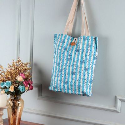 Primary image for Block-Printed Leafy Alabaster and Tiffany Blue Cotton Tote Tiffany Alabaster