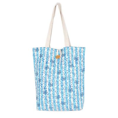 Alternate image for Block-Printed Leafy Alabaster and Tiffany Blue Cotton Tote Tiffany Alabaster