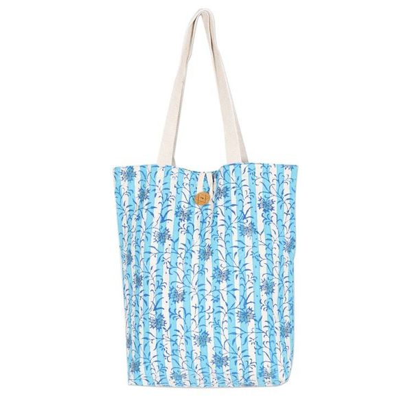 Alternate image for Block-Printed Leafy Alabaster and Tiffany Blue Cotton Tote Tiffany  Alabaster