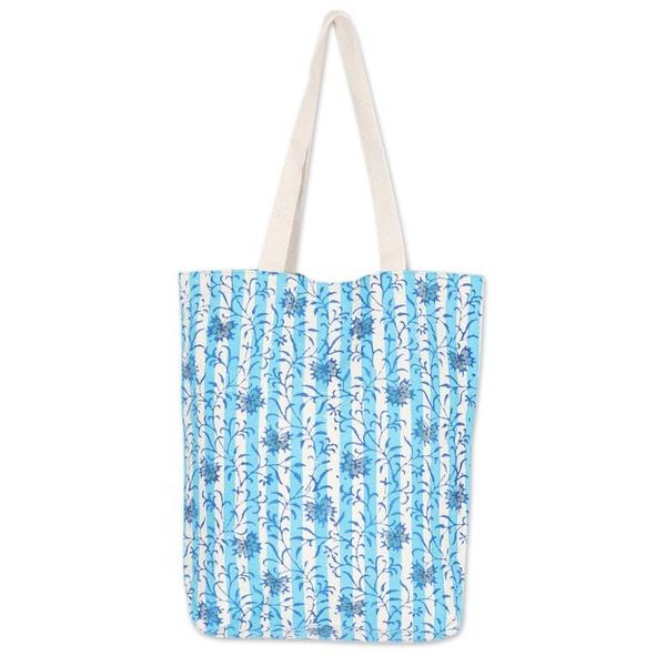 Alternate image for Block-Printed Leafy Alabaster and Tiffany Blue Cotton Tote Tiffany  Alabaster