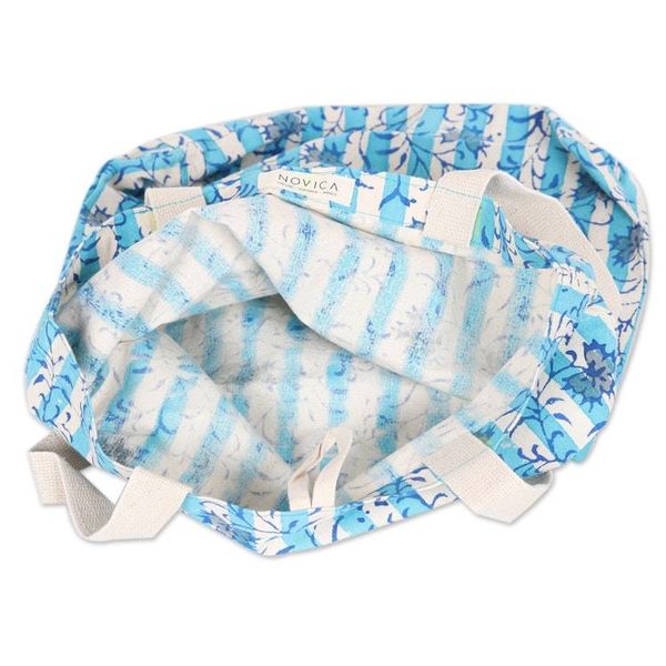 Alternate image for Block-Printed Leafy Alabaster and Tiffany Blue Cotton Tote Tiffany  Alabaster