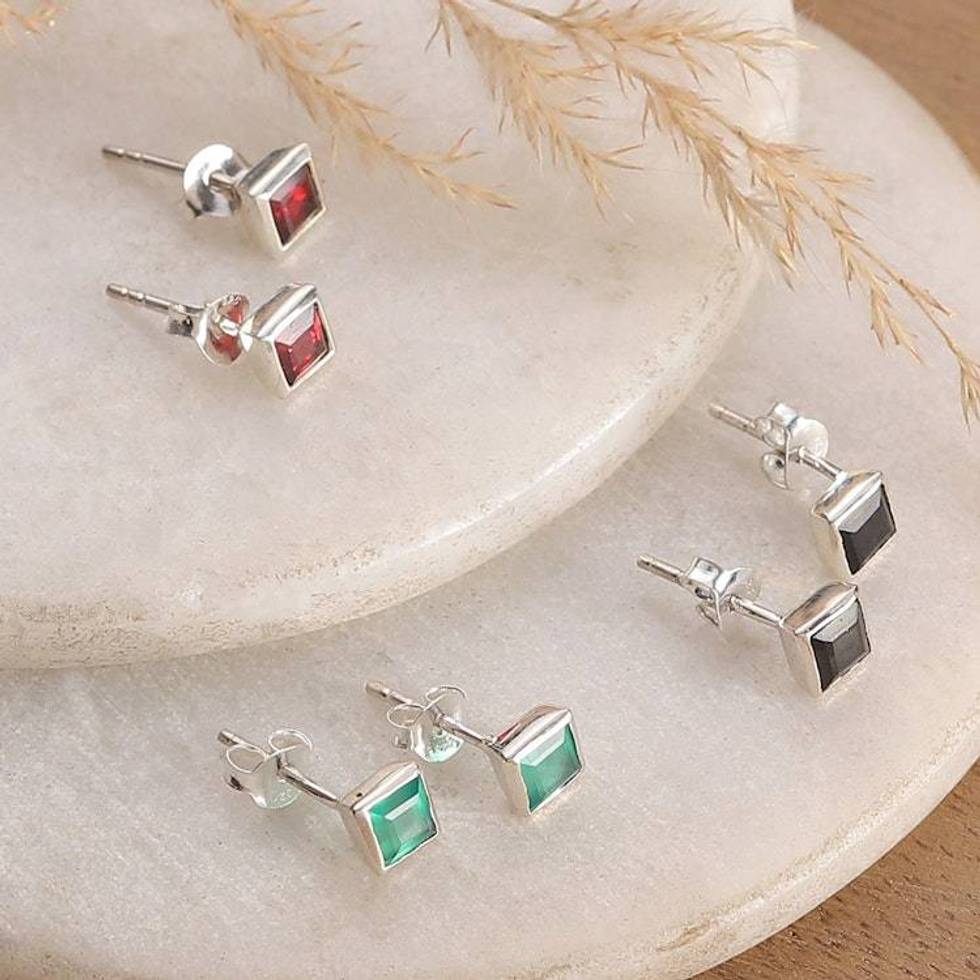 3-Piece 1-Carat Gemstone Stud Earrings Set Crafted in India 'Precious Squares'