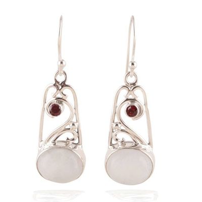 Main image for Natural Rainbow Moonstone and Round Garnet Dangle Earrings Ethereal Portals