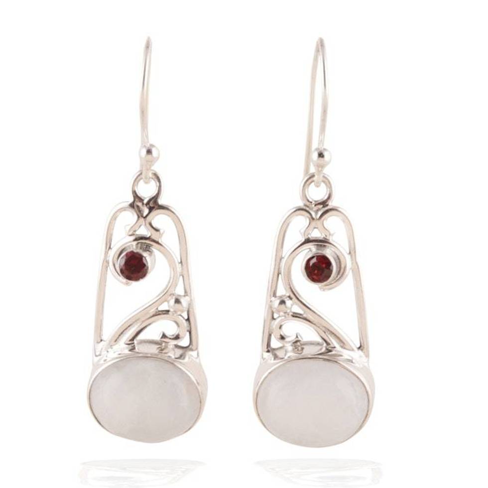 Natural Rainbow Moonstone and Round Garnet Dangle Earrings 'Ethereal Portals'