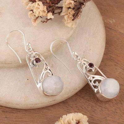 Alternate image for Natural Rainbow Moonstone and Round Garnet Dangle Earrings Ethereal Portals