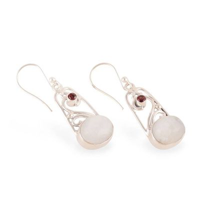 Alternate image for Natural Rainbow Moonstone and Round Garnet Dangle Earrings Ethereal Portals