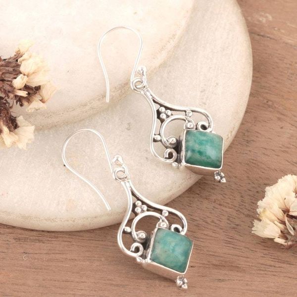 Alternate image for Sylvan-Inspired Green Amazonite Cabochon Dangle Earrings Empress Forest