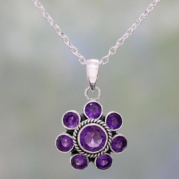 Alternate image for Amethyst and Sterling Silver Pendant Necklace from India Morning Glitter in Purple
