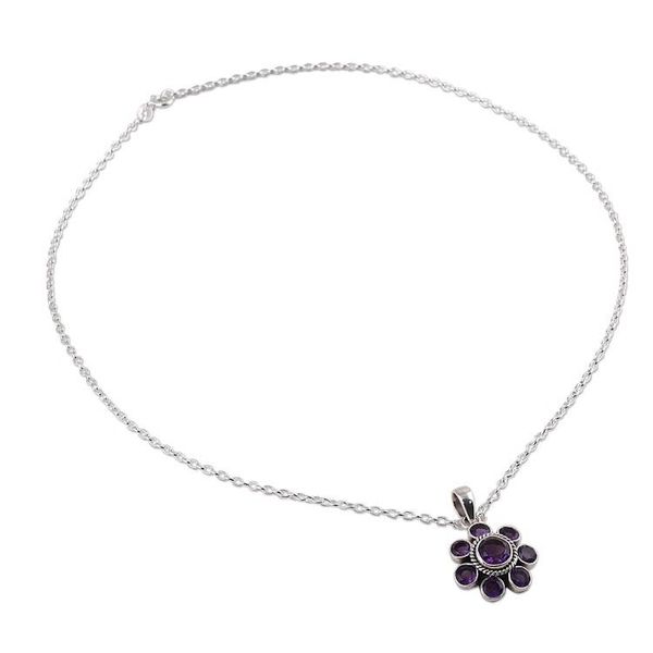 Alternate image for Amethyst and Sterling Silver Pendant Necklace from India Morning Glitter in Purple