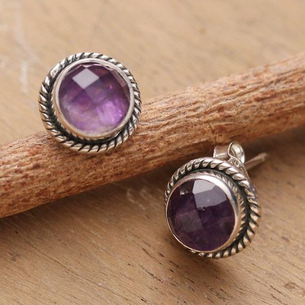 Alternate image for Birthstone Faceted Amethyst Stud Earrings Made in India Gracious Purple