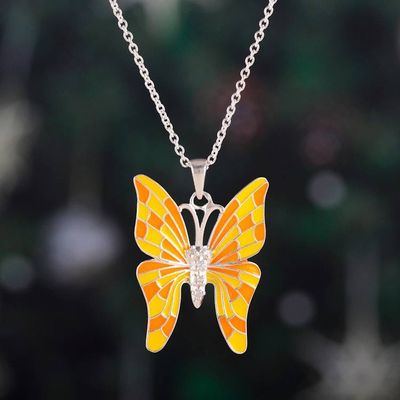 Primary image for Yellow and Orange Sterling Silver Butterfly Pendant Necklace Butterflys Spring Colors