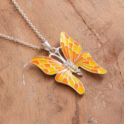 Alternate image for Yellow and Orange Sterling Silver Butterfly Pendant Necklace Butterflys Spring Colors