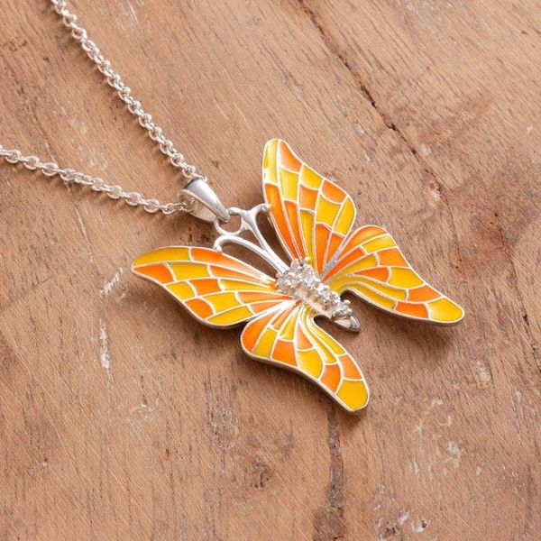 Alternate image for Yellow and Orange Sterling Silver Butterfly Pendant Necklace Butterflys Spring Colors