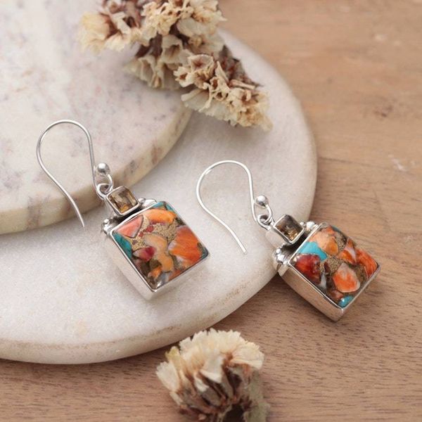 Alternate image for Composite Turquoise and Citrine Dangle Earrings from India Sunny Sparkle